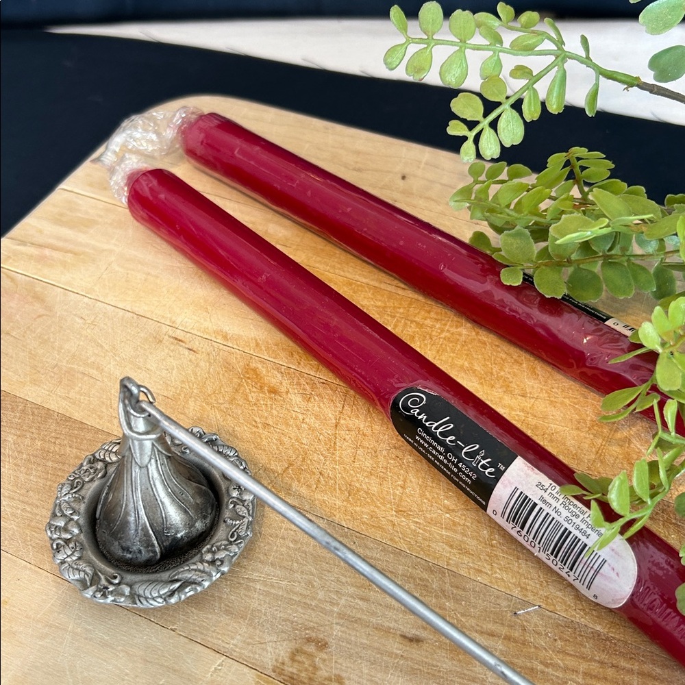 Pewter candle snuffer with plate and two New 10-inch red tapers Vintage snuffer